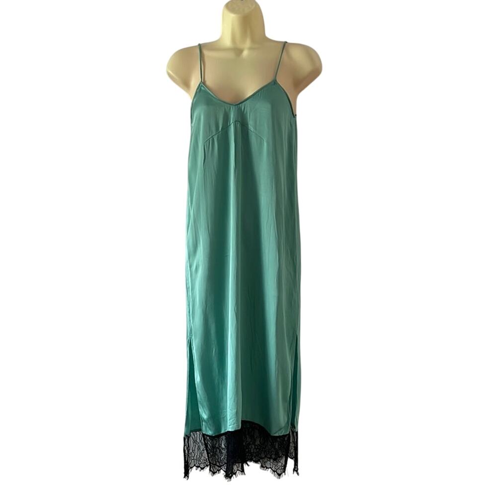 Zara Aqua and Black Slip Dress with Lace Trim Woman Size XS Midi